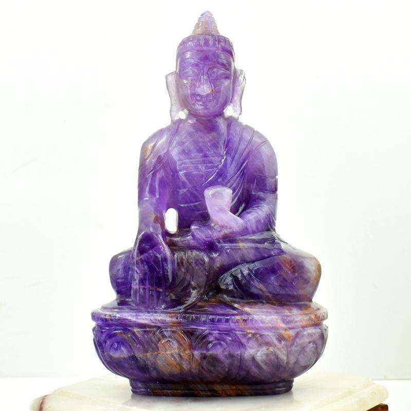 gemsmore:Purple Amethyst Hand Carved Lord Buddha Statue - Exclusive