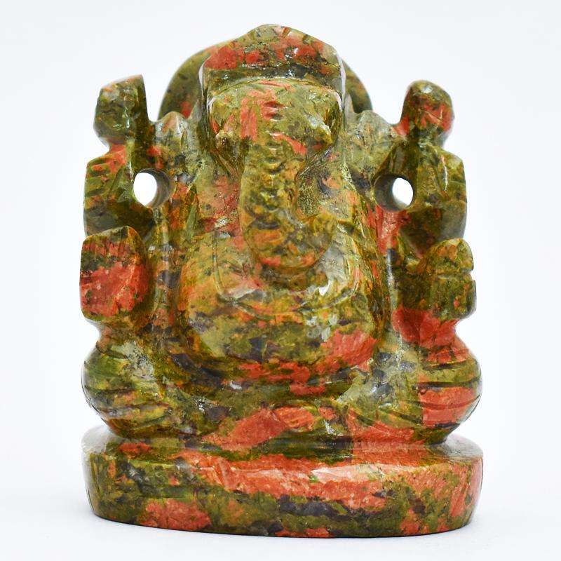 gemsmore:Rare Hand Carved Blood Green Unakite Lord Ganesha Idol