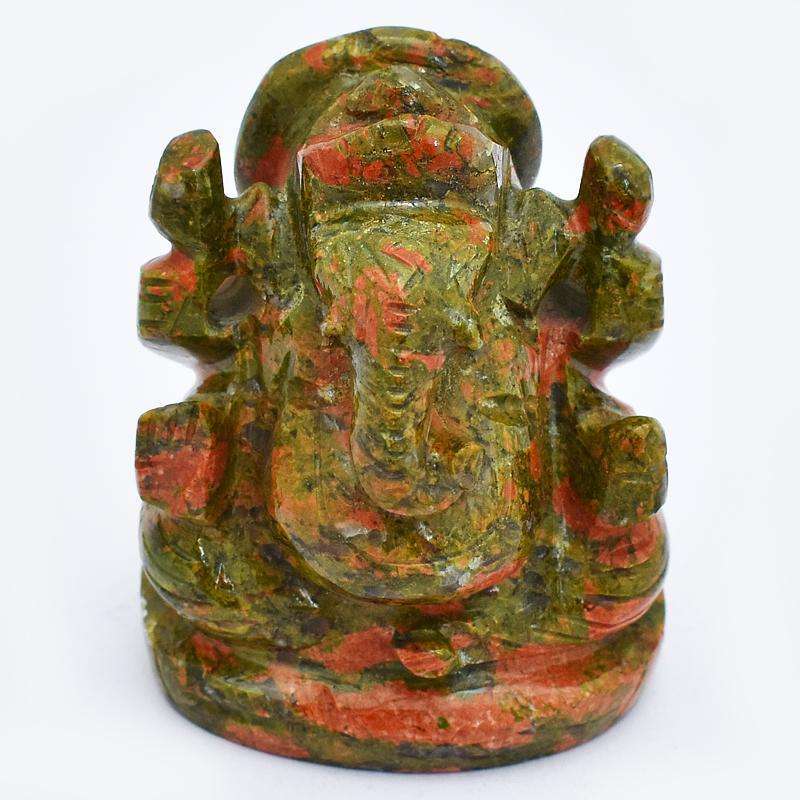 gemsmore:Rare Hand Carved Blood Green Unakite Lord Ganesha Idol