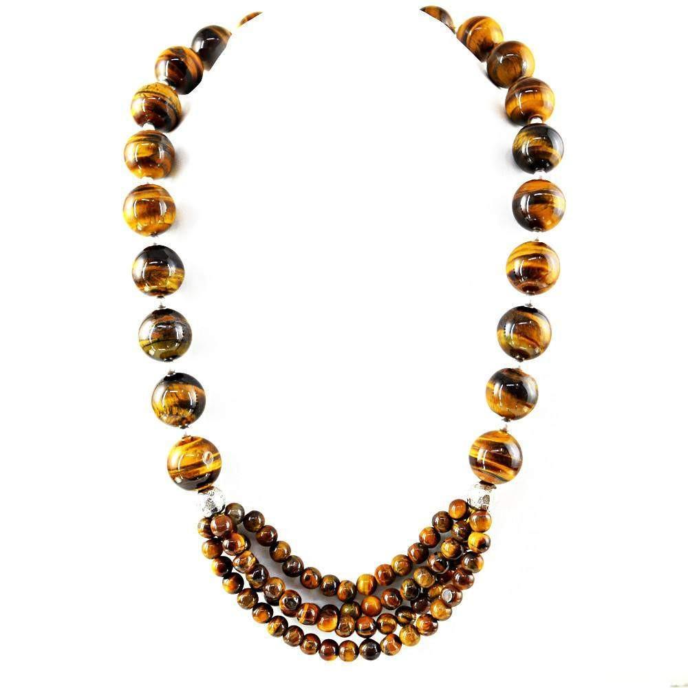 gemsmore:Round Shape Natural Golden Tiger Eye Necklace Untreated Beads