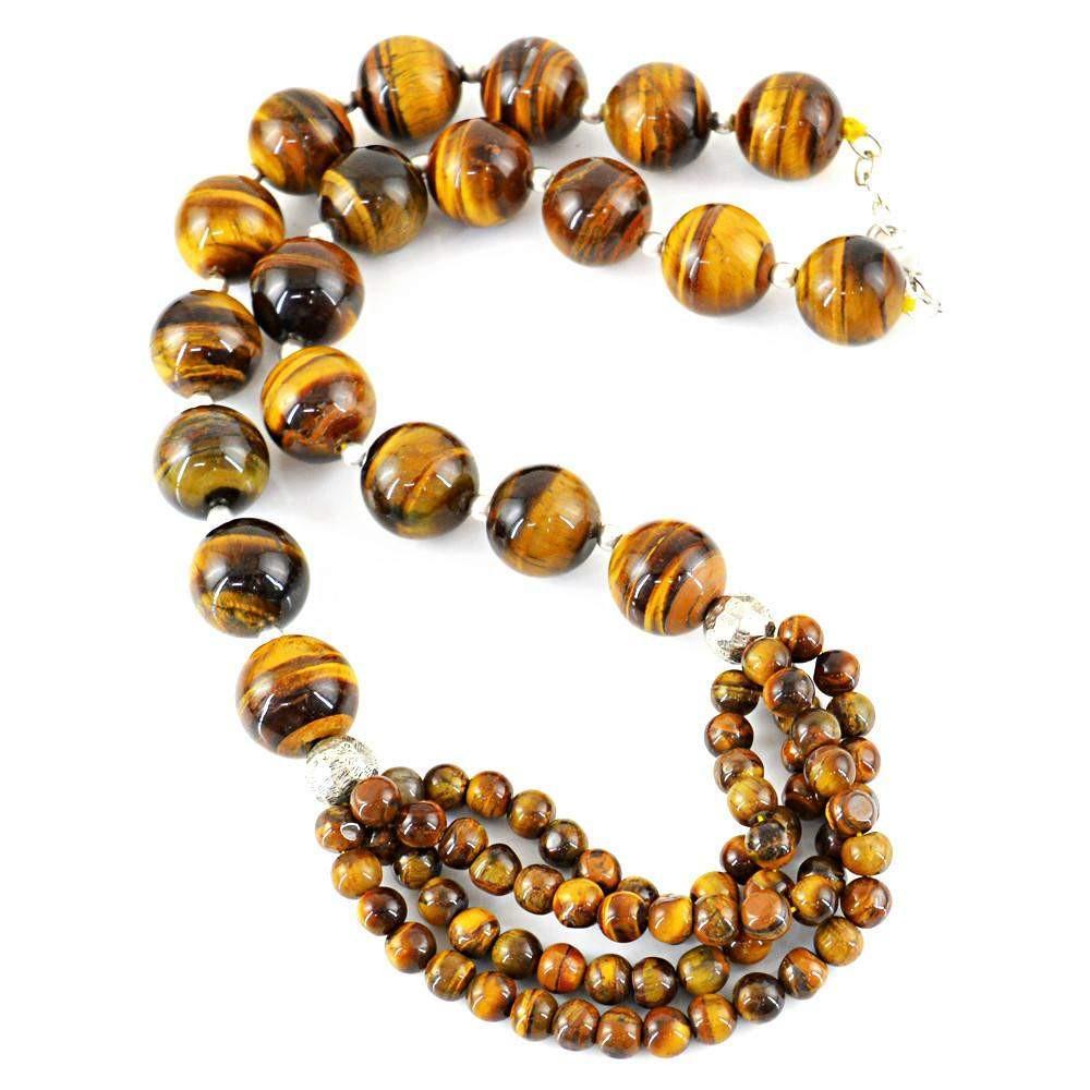 gemsmore:Round Shape Natural Golden Tiger Eye Necklace Untreated Beads