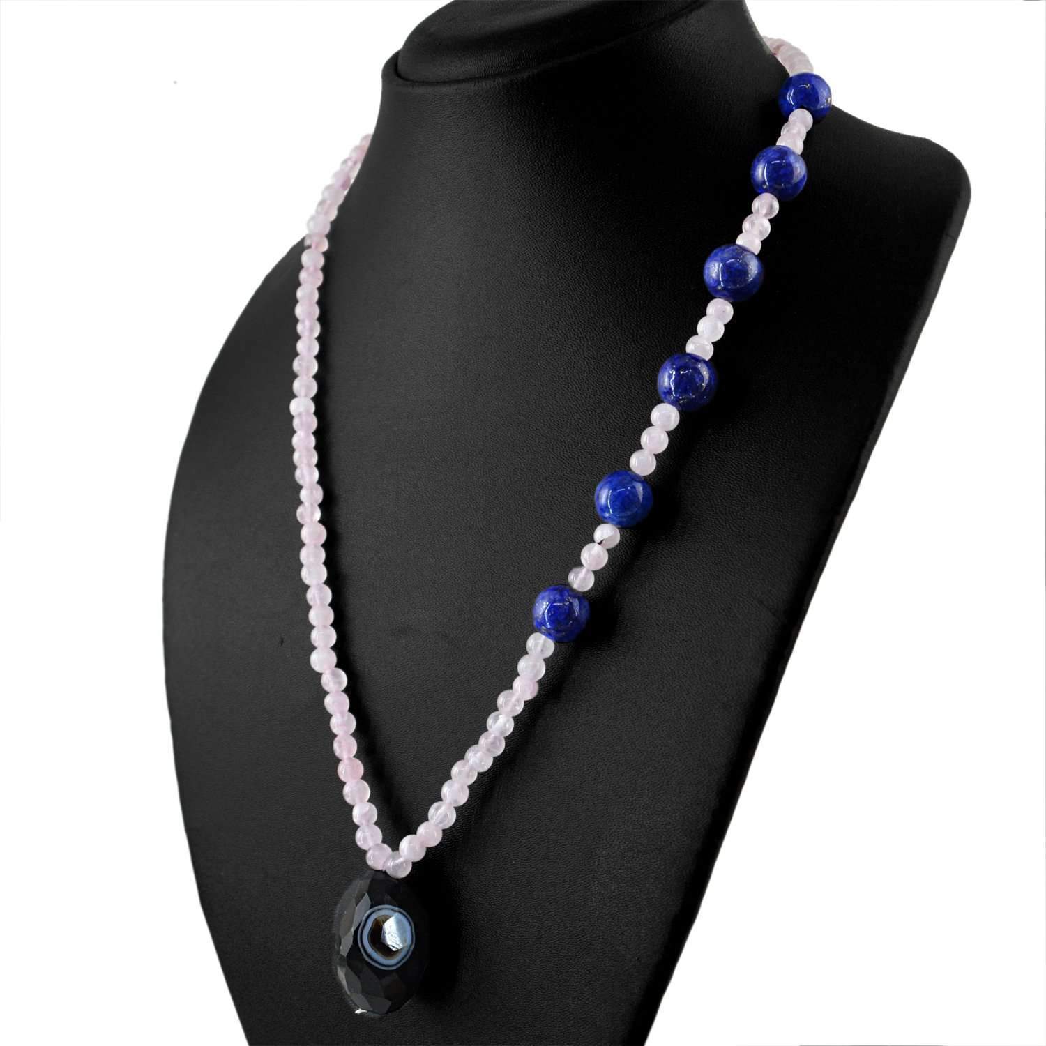 gemsmore:Round Shape Pink Rose Quartz & Blue Lapis Lazuli Necklace Natural Untreated Beads