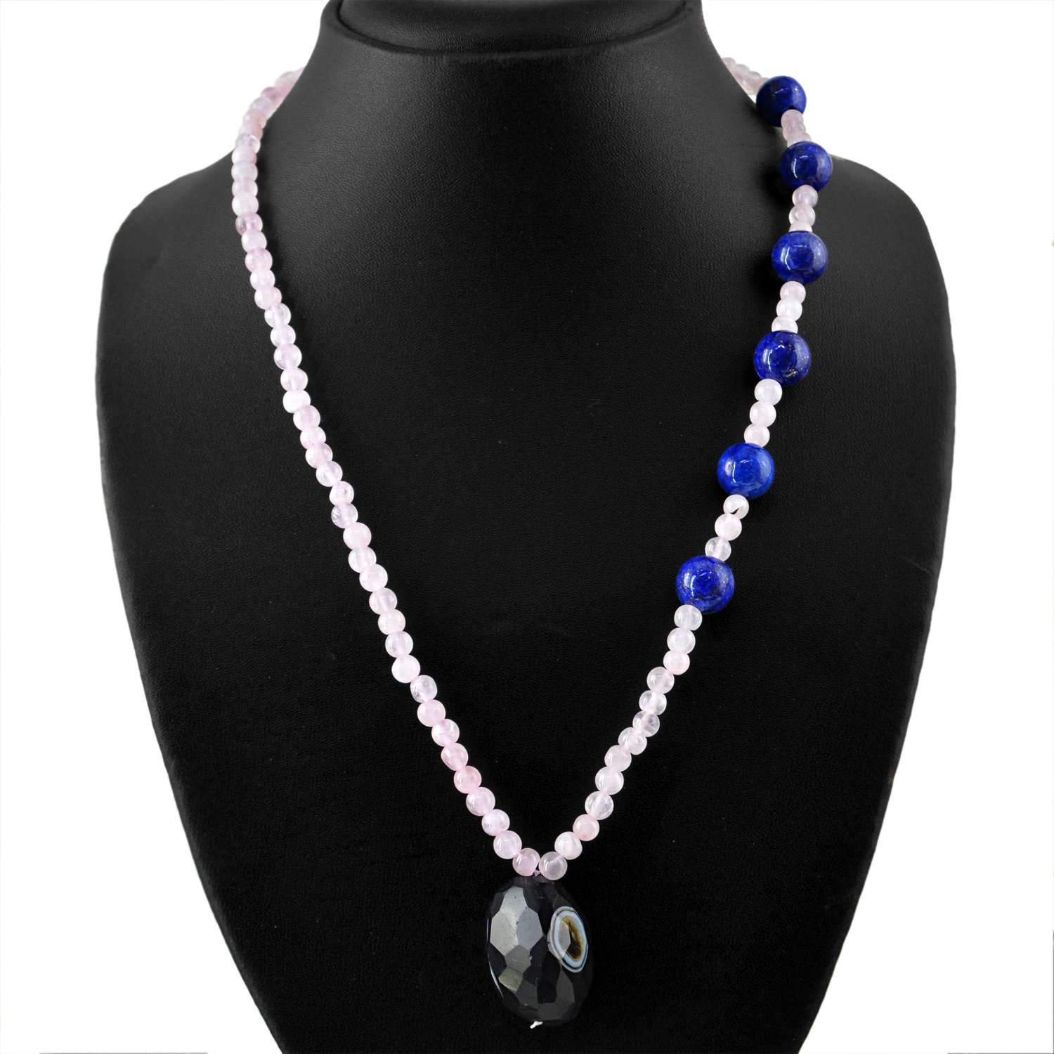 gemsmore:Round Shape Pink Rose Quartz & Blue Lapis Lazuli Necklace Natural Untreated Beads