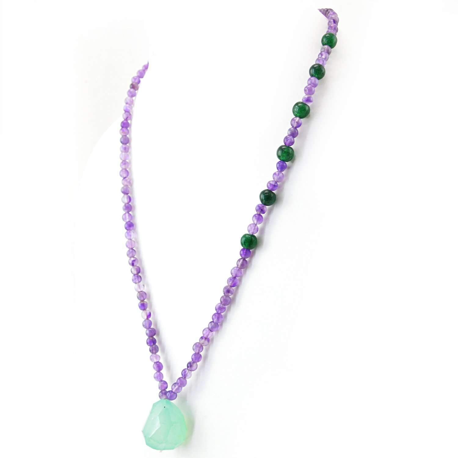 gemsmore:Round Shape Purple Amethyst & Green Jade Necklace Natural Untreated Beads