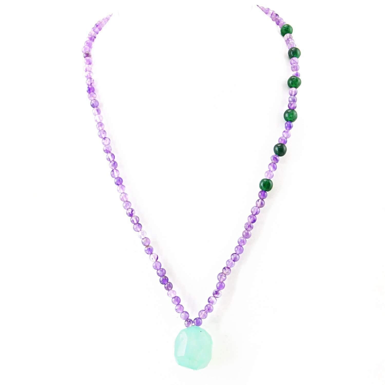 gemsmore:Round Shape Purple Amethyst & Green Jade Necklace Natural Untreated Beads