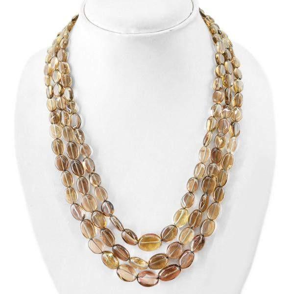 gemsmore:Smoky Quartz Necklace Natural Untreated Oval Shape Beads - 3 Strand