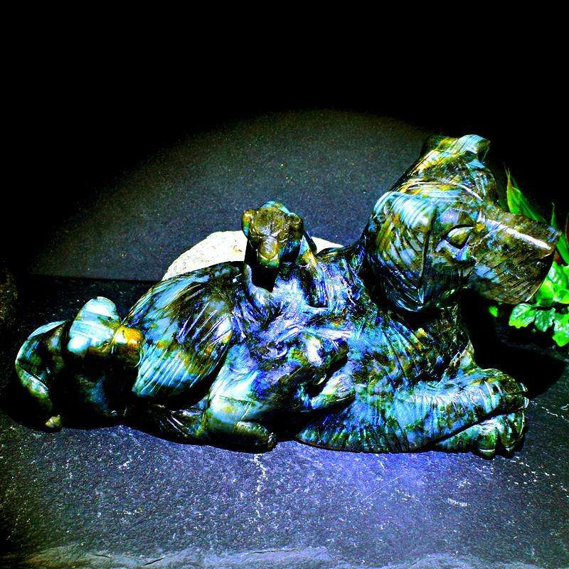 gemsmore:Stunning Amazing Flash Labradorite Carved Doggy With Puppies