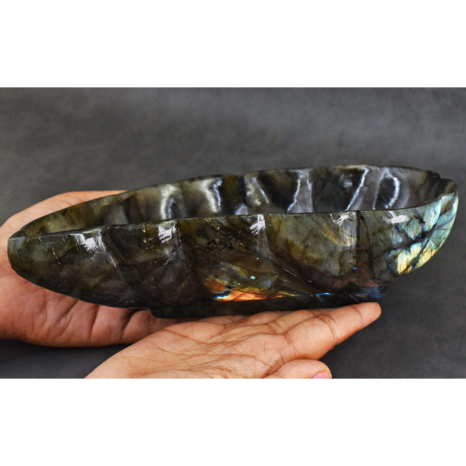 gemsmore:Stunning Blue & Golden Flash Labradorite Hand Carved Genuine Crystal Gemstone Carving Bowl