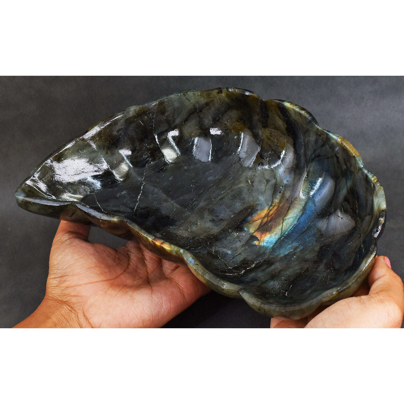gemsmore:Stunning Blue & Golden Flash Labradorite Hand Carved Genuine Crystal Gemstone Carving Bowl