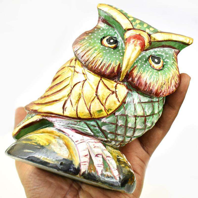 gemsmore:Stunning Enamel Painted Green Jade Hand Craved Owl