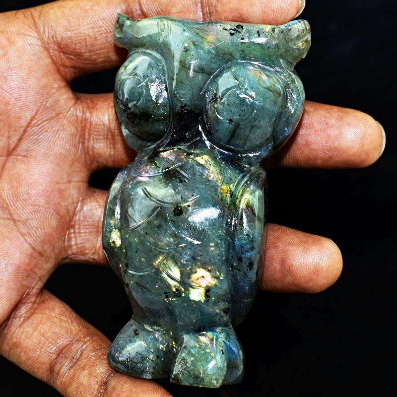 gemsmore:Stunning Golden Flash Labardorite Carved Owl