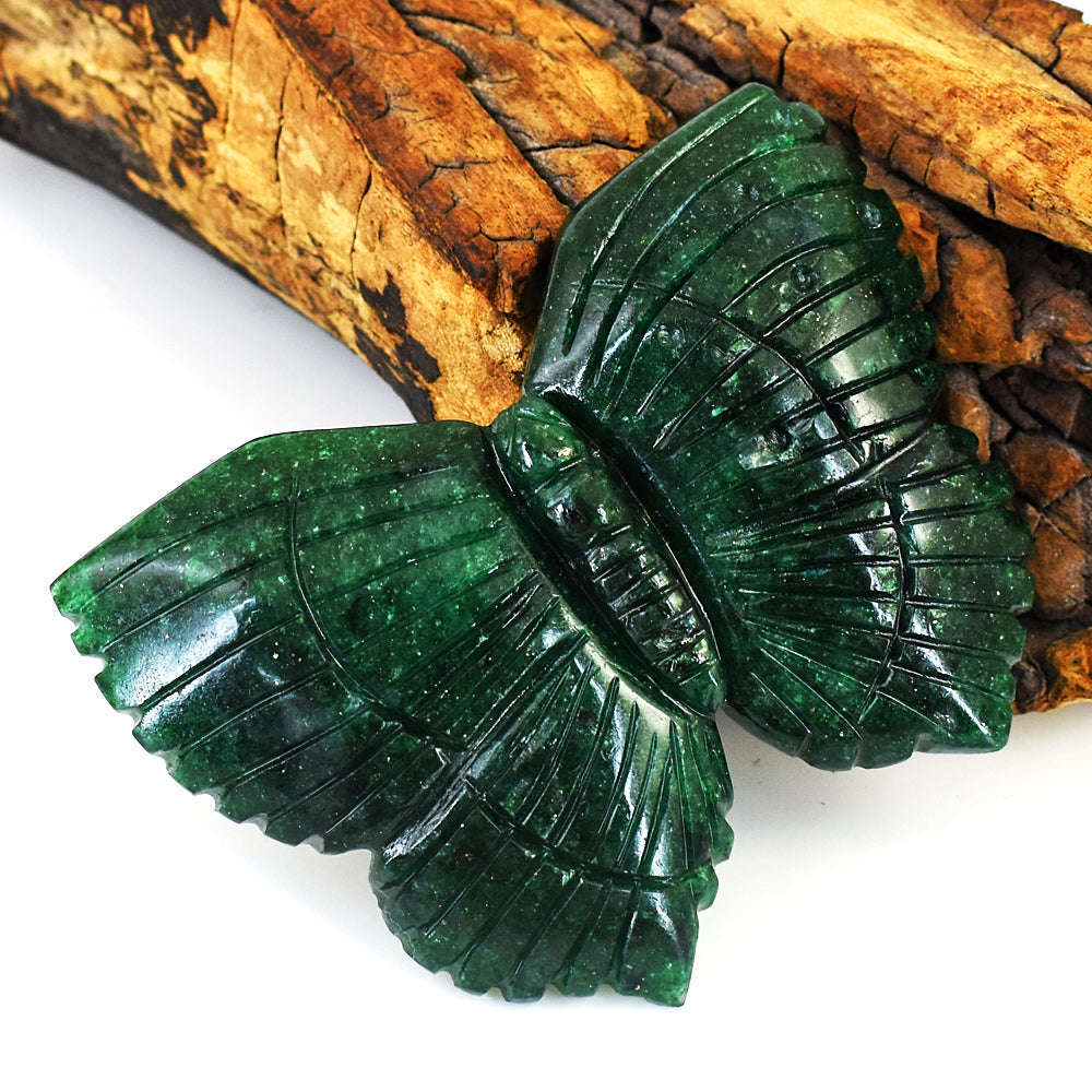 gemsmore:Stunning Green Jade Hand Carved Genuine Crystal Gemstone Carving Butterfly