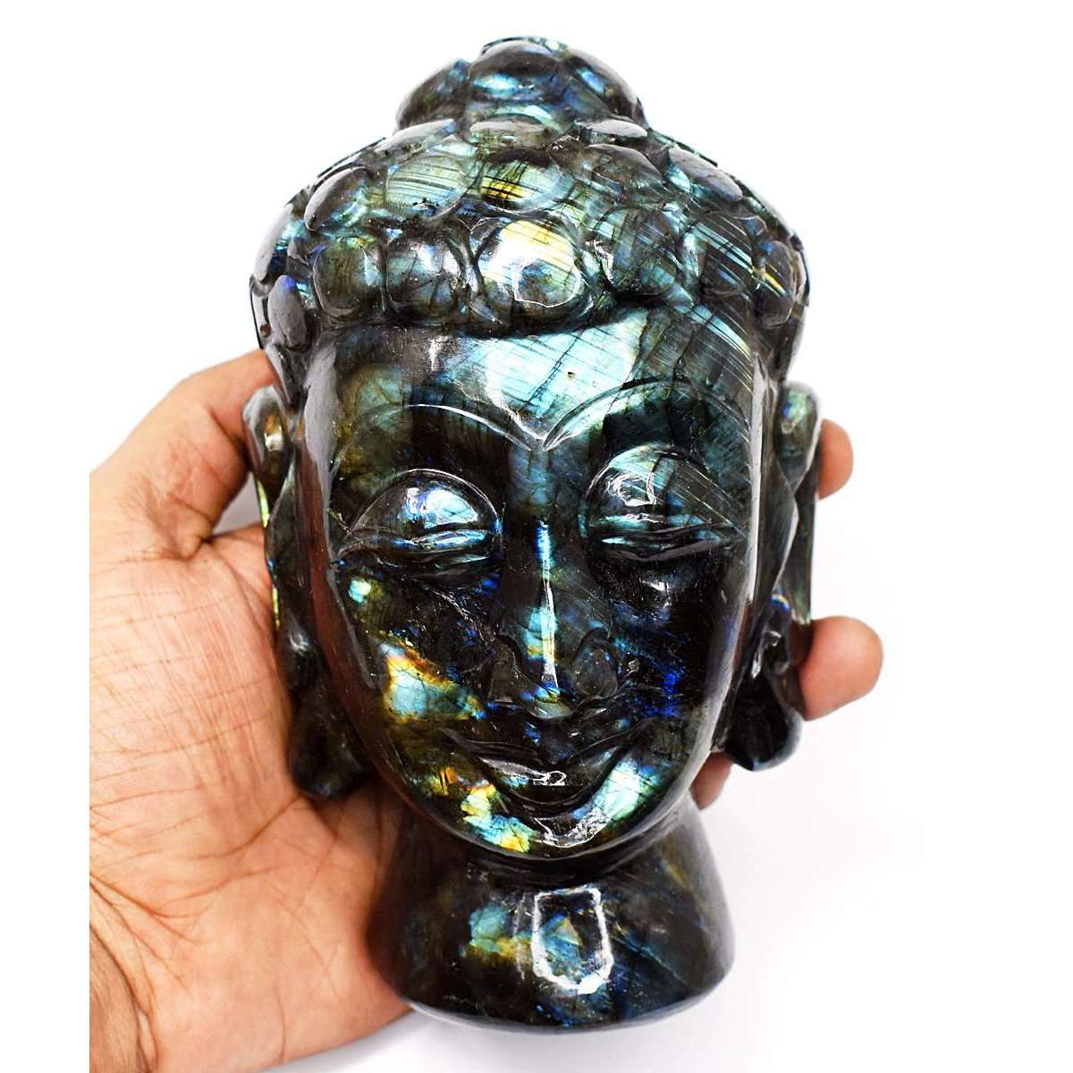 gemsmore:Stunning Labradorite Hand Carved Buddha Head