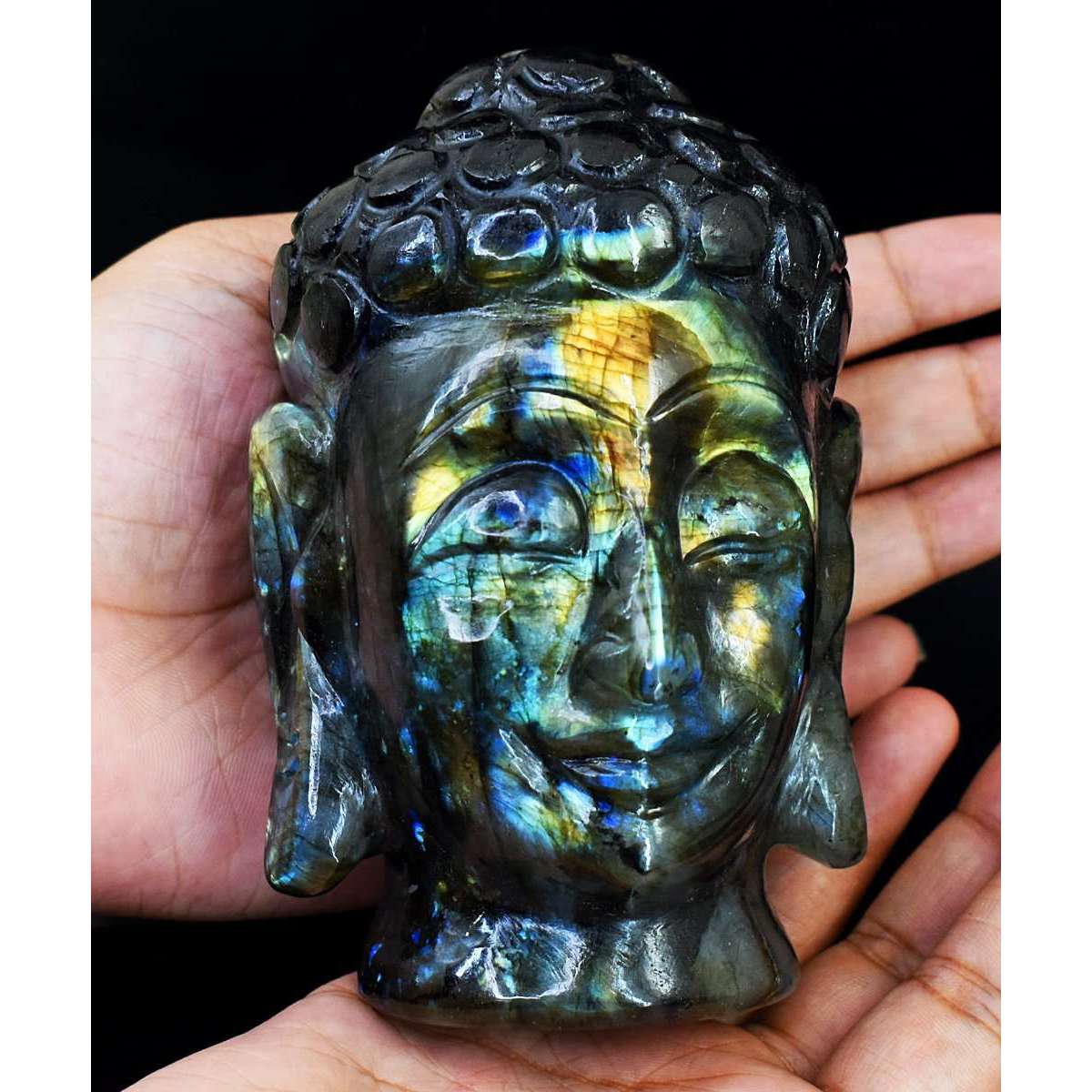 gemsmore:Stunning Labradorite Hand Carved Genuine Crystal Gemstone Carving Buddha Head