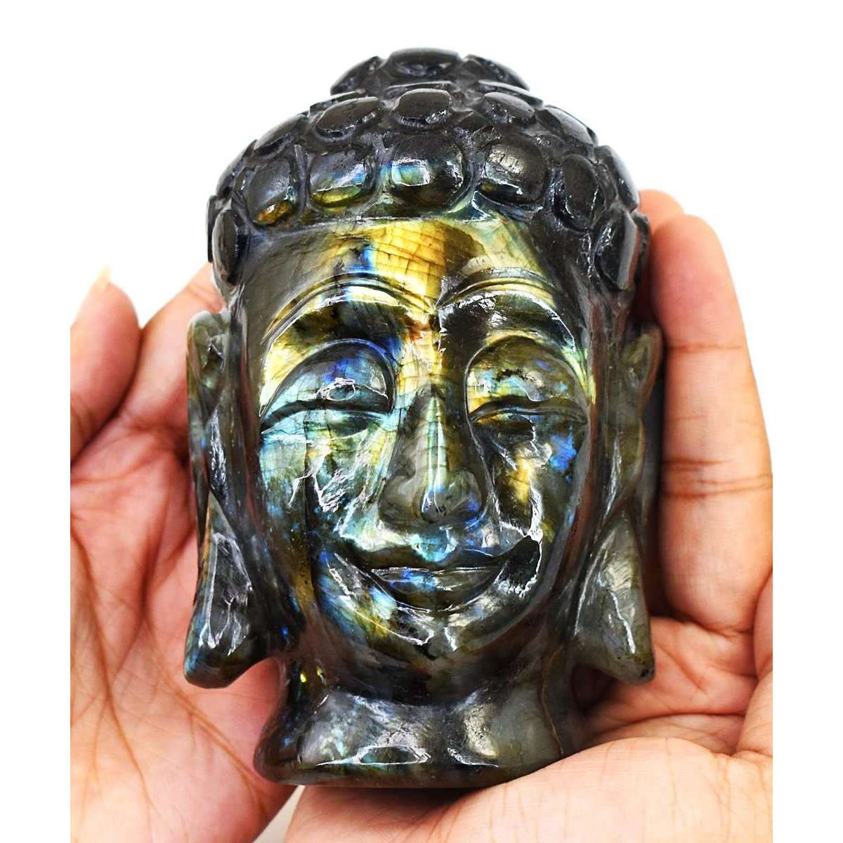 gemsmore:Stunning Labradorite Hand Carved Genuine Crystal Gemstone Carving Buddha Head