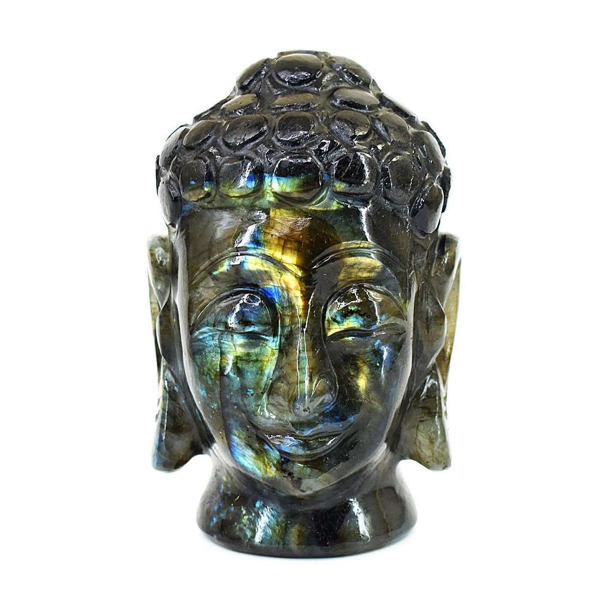 gemsmore:Stunning Labradorite Hand Carved Genuine Crystal Gemstone Carving Buddha Head