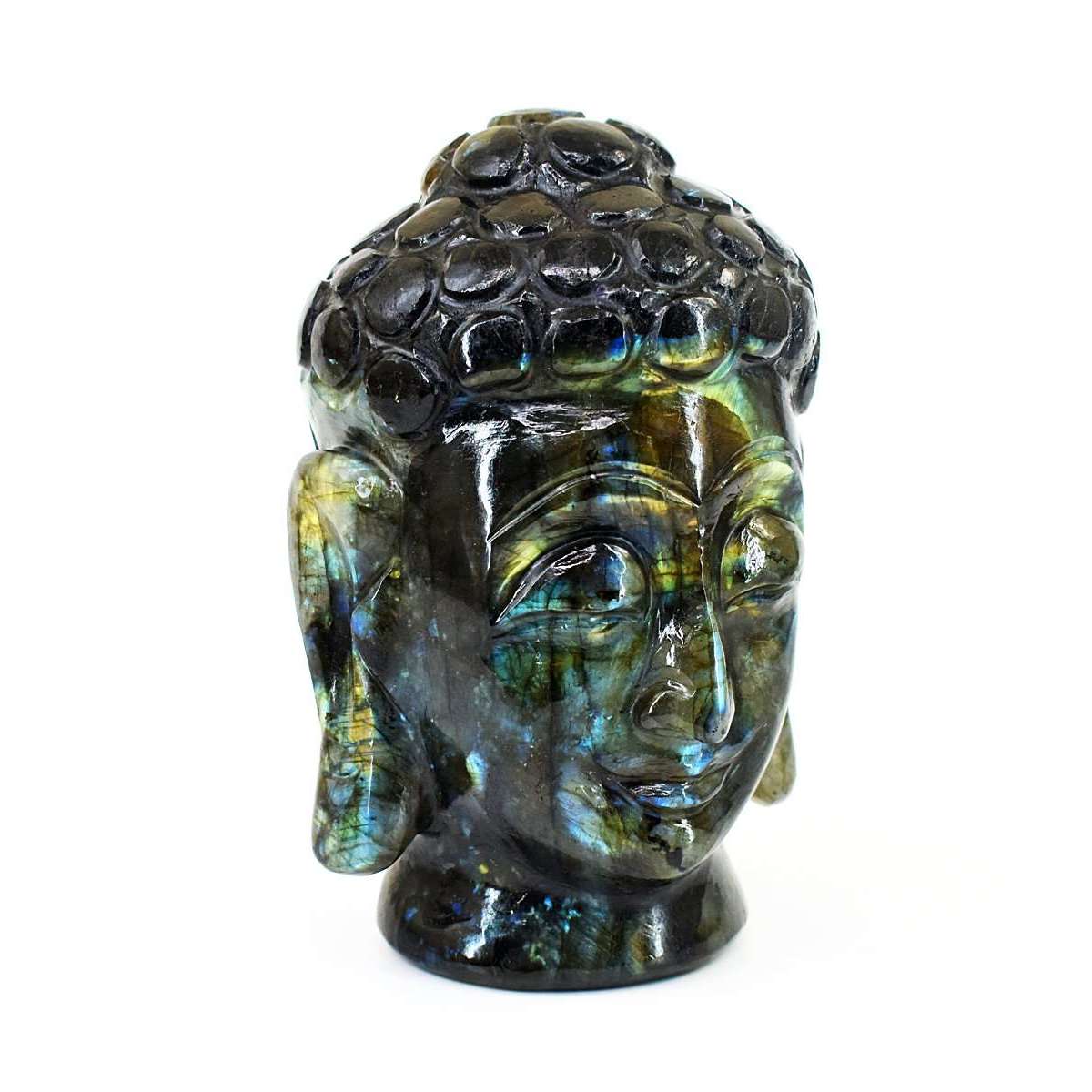 gemsmore:Stunning Labradorite Hand Carved Genuine Crystal Gemstone Carving Buddha Head