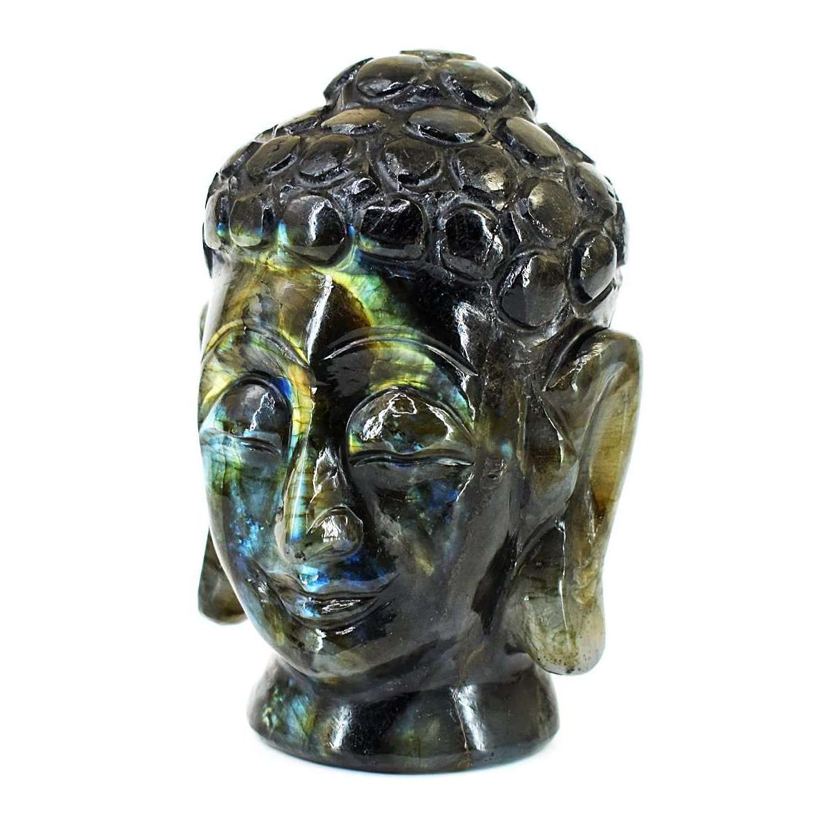 gemsmore:Stunning Labradorite Hand Carved Genuine Crystal Gemstone Carving Buddha Head