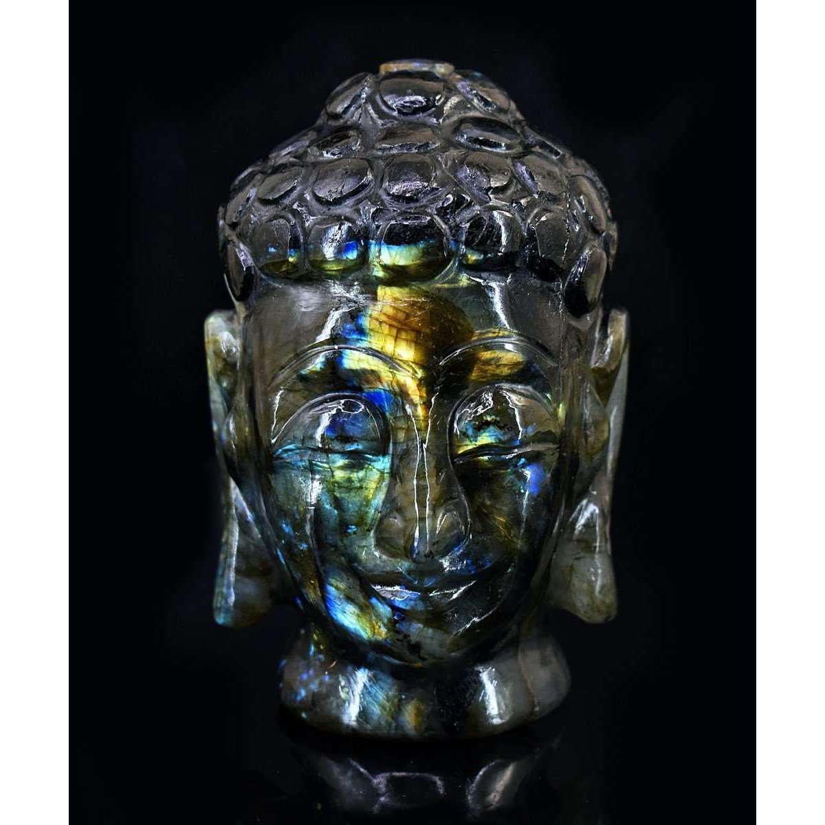 gemsmore:Stunning Labradorite Hand Carved Genuine Crystal Gemstone Carving Buddha Head