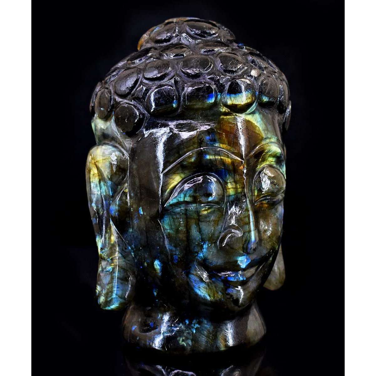 gemsmore:Stunning Labradorite Hand Carved Genuine Crystal Gemstone Carving Buddha Head