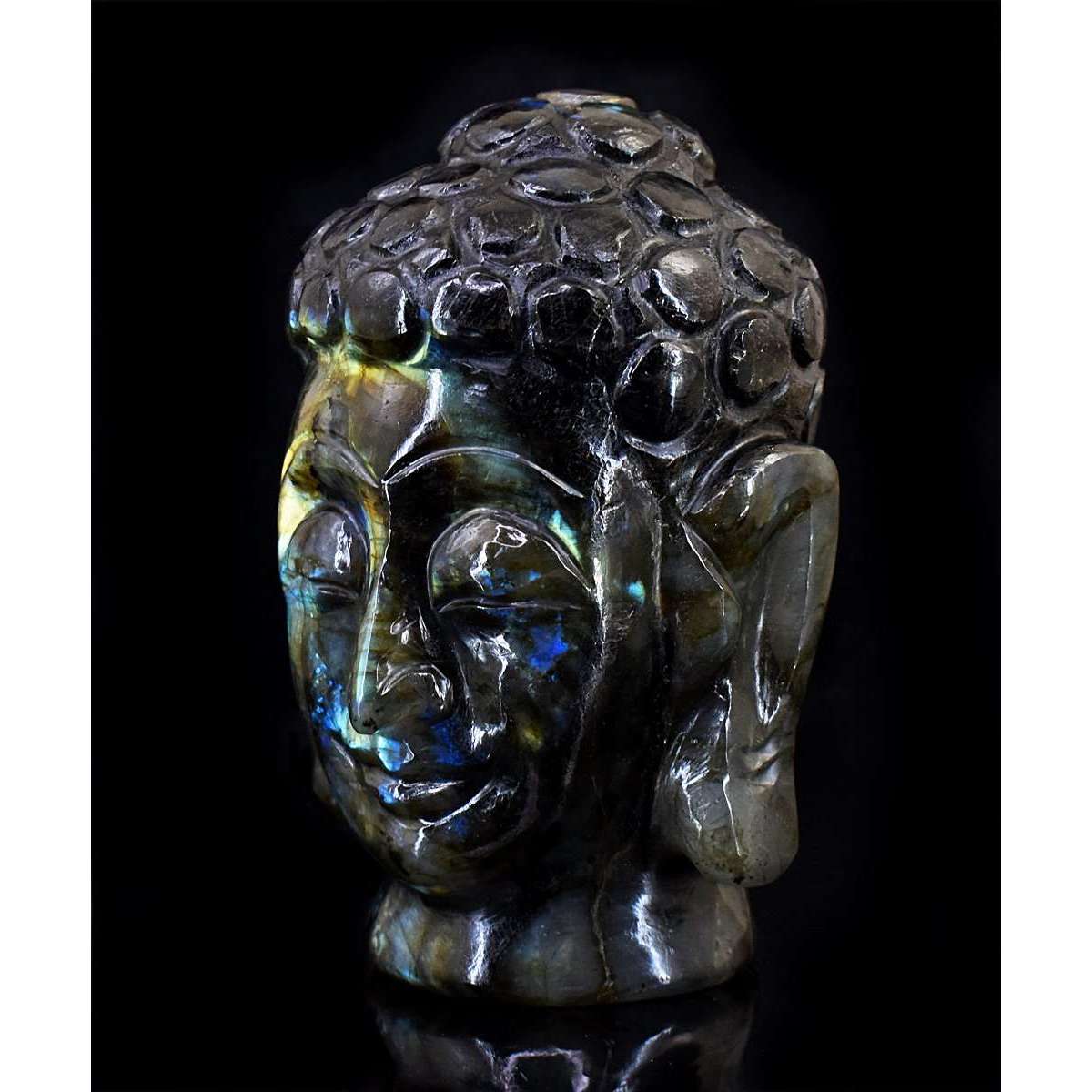 gemsmore:Stunning Labradorite Hand Carved Genuine Crystal Gemstone Carving Buddha Head
