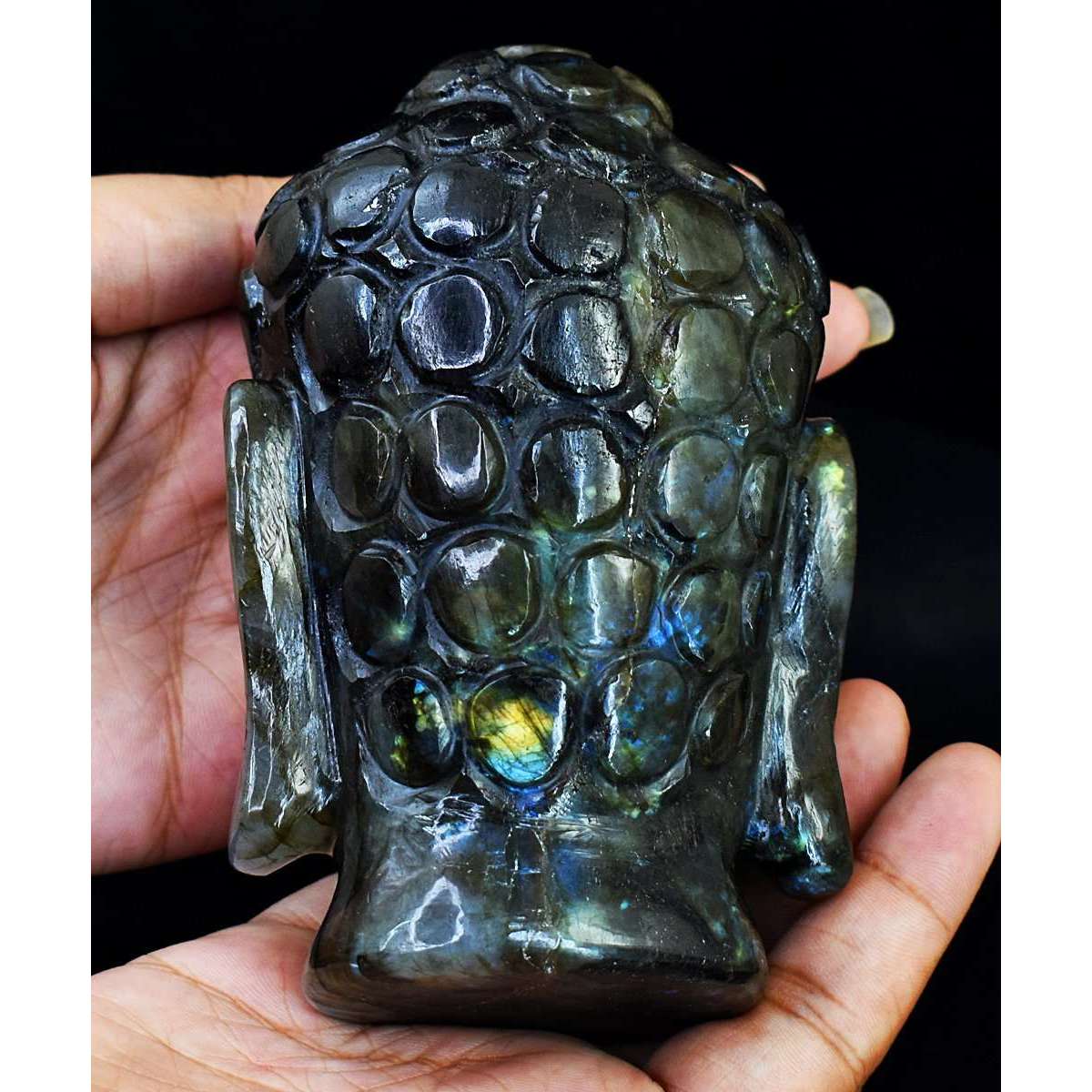 gemsmore:Stunning Labradorite Hand Carved Genuine Crystal Gemstone Carving Buddha Head