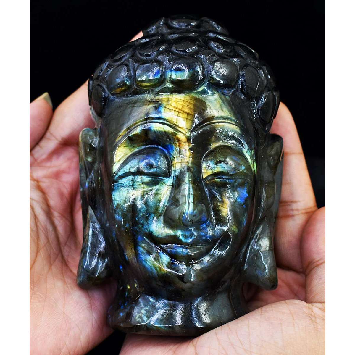 gemsmore:Stunning Labradorite Hand Carved Genuine Crystal Gemstone Carving Buddha Head