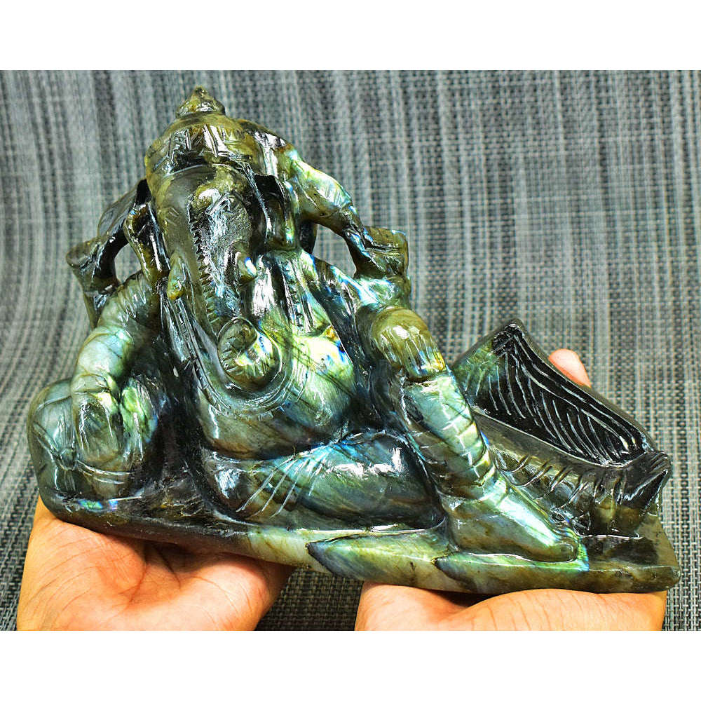 gemsmore:Stunning Labradorite Hand Carved Genuine Crystal Gemstone Carving Huge Lounging Lord Ganesha