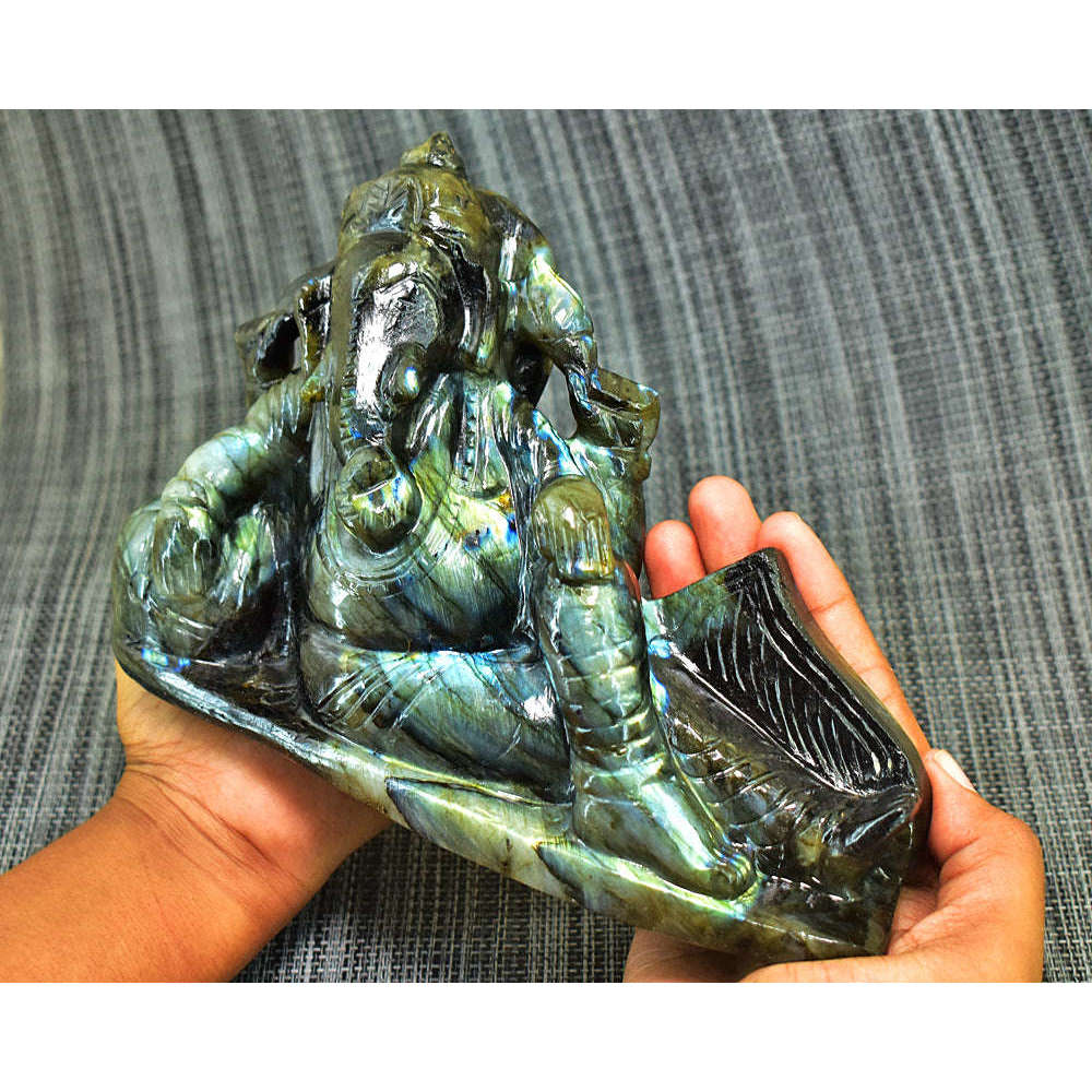 gemsmore:Stunning Labradorite Hand Carved Genuine Crystal Gemstone Carving Huge Lounging Lord Ganesha