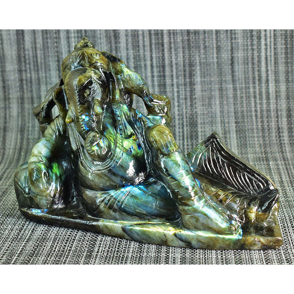 gemsmore:Stunning Labradorite Hand Carved Genuine Crystal Gemstone Carving Huge Lounging Lord Ganesha