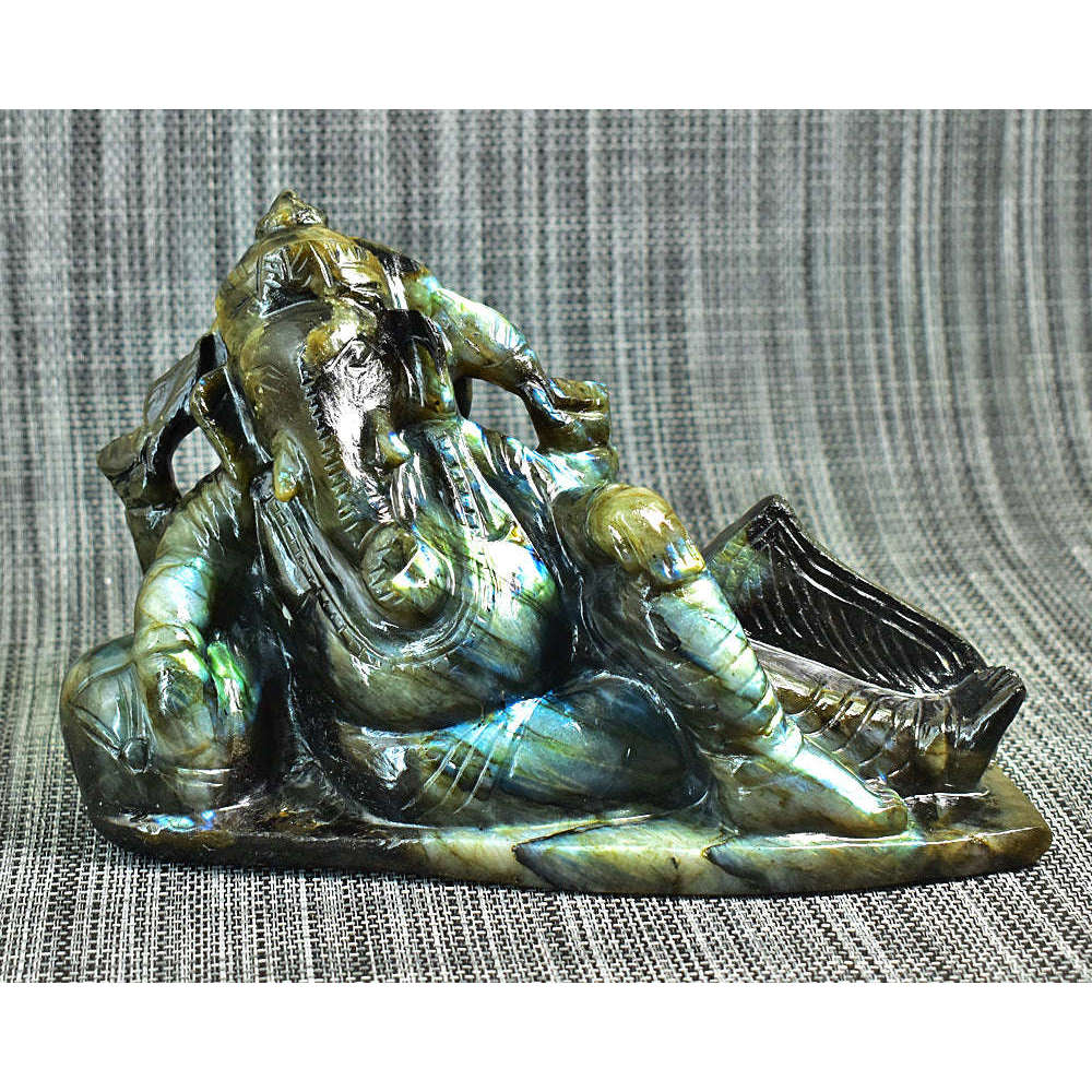 gemsmore:Stunning Labradorite Hand Carved Genuine Crystal Gemstone Carving Huge Lounging Lord Ganesha