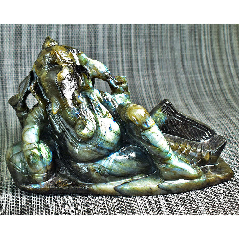 gemsmore:Stunning Labradorite Hand Carved Genuine Crystal Gemstone Carving Huge Lounging Lord Ganesha