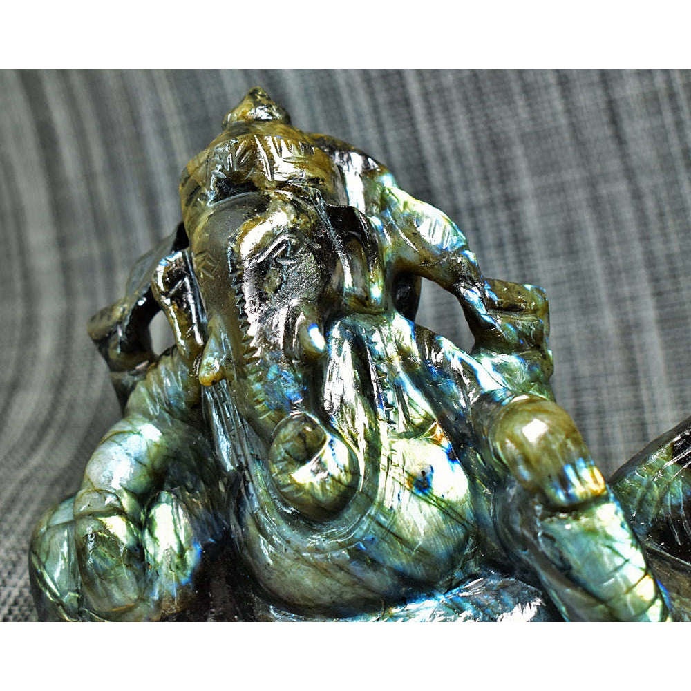 gemsmore:Stunning Labradorite Hand Carved Genuine Crystal Gemstone Carving Huge Lounging Lord Ganesha