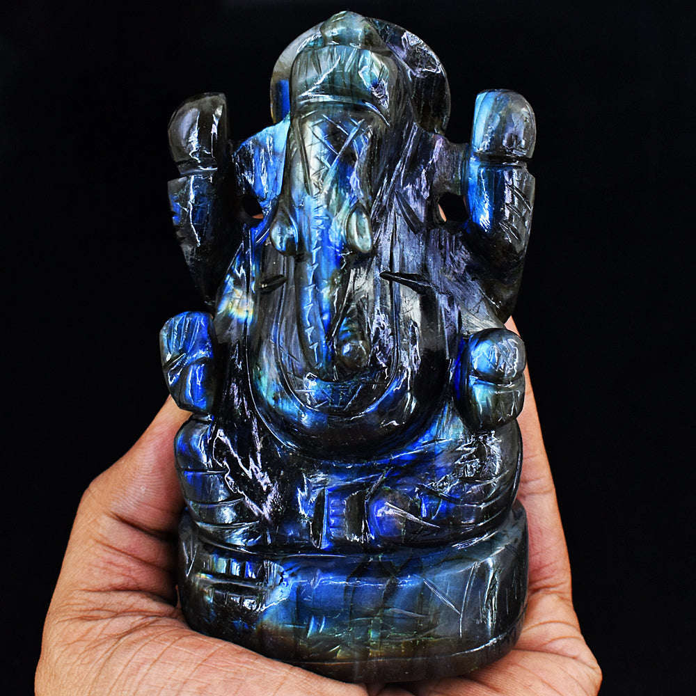 gemsmore:Stunning Labradorite Hand Carved Genuine Crystal Gemstone Carving Lord Ganesha