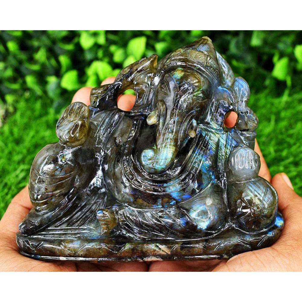 gemsmore:Stunning Labradorite Hand Carved Genuine Crystal Gemstone Carving Lord Ganesha