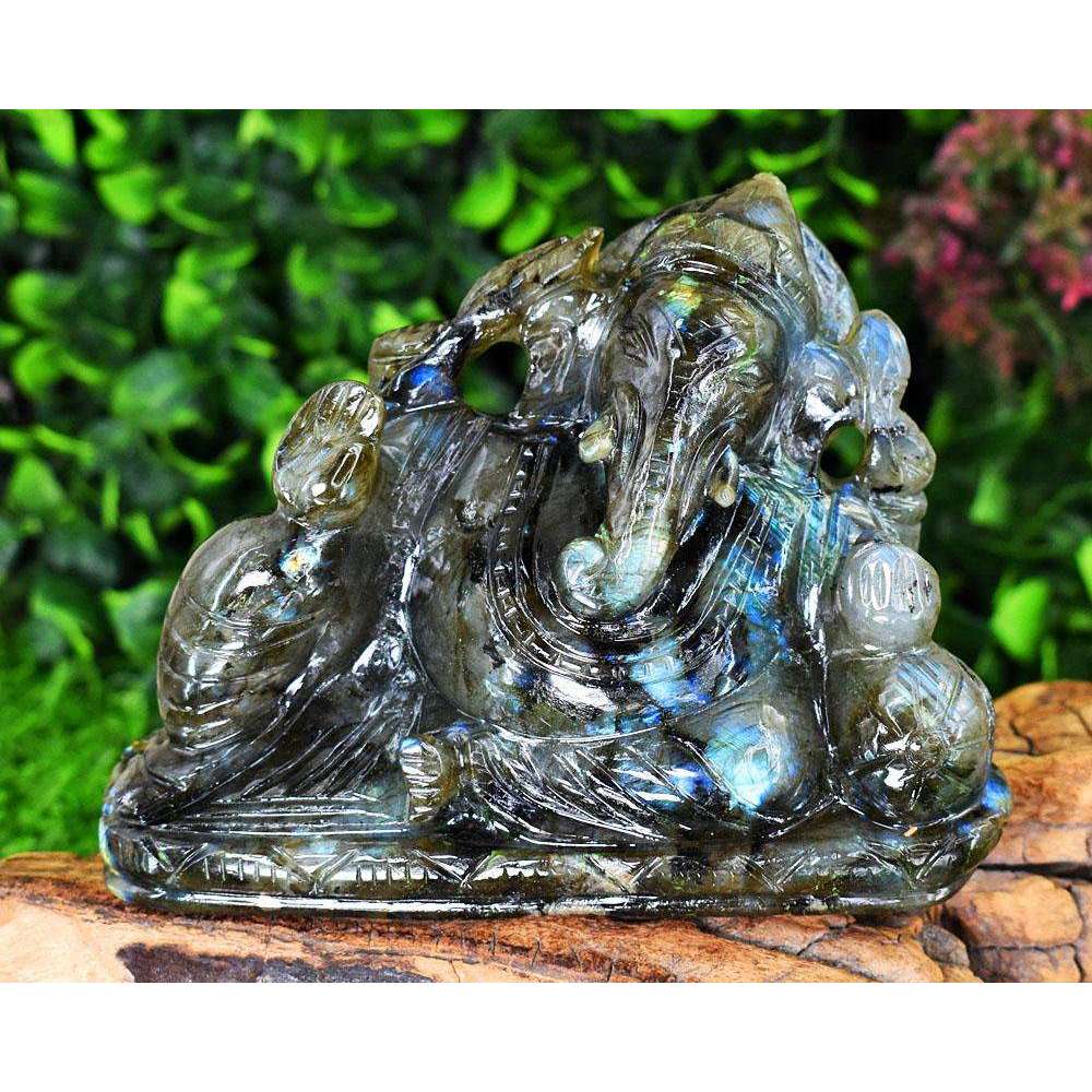 gemsmore:Stunning Labradorite Hand Carved Genuine Crystal Gemstone Carving Lord Ganesha