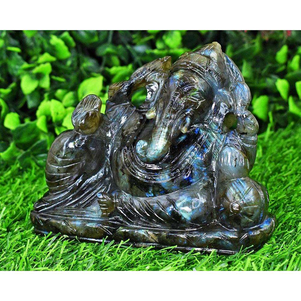 gemsmore:Stunning Labradorite Hand Carved Genuine Crystal Gemstone Carving Lord Ganesha
