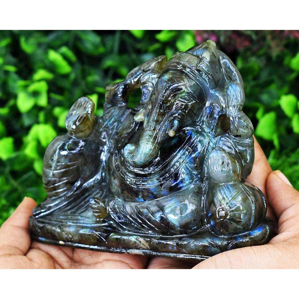 gemsmore:Stunning Labradorite Hand Carved Genuine Crystal Gemstone Carving Lord Ganesha