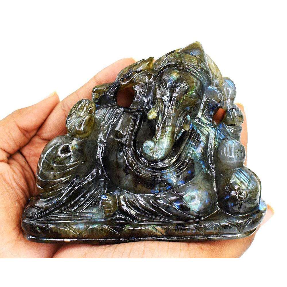 gemsmore:Stunning Labradorite Hand Carved Genuine Crystal Gemstone Carving Lord Ganesha