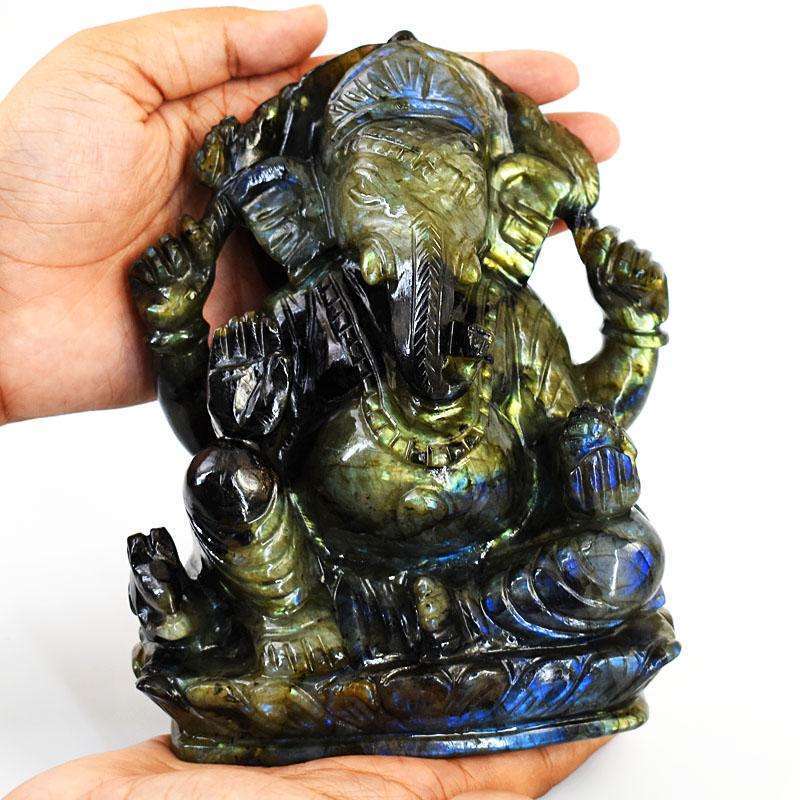 gemsmore:Stunning Labradorite Hand Carved Genuine Crystal Gemstone Carving Massive Lord Ganesha
