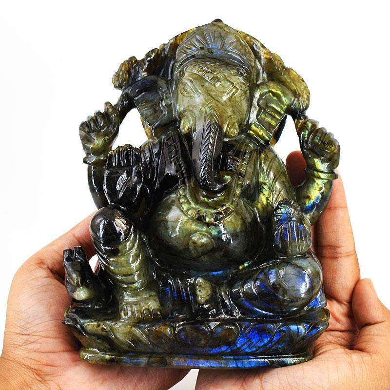 gemsmore:Stunning Labradorite Hand Carved Genuine Crystal Gemstone Carving Massive Lord Ganesha