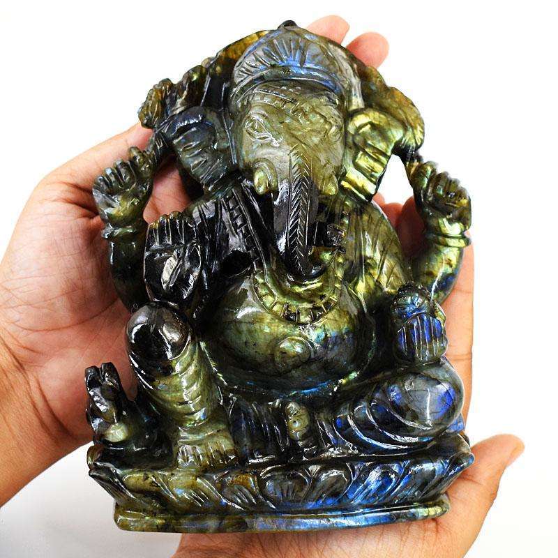 gemsmore:Stunning Labradorite Hand Carved Genuine Crystal Gemstone Carving Massive Lord Ganesha