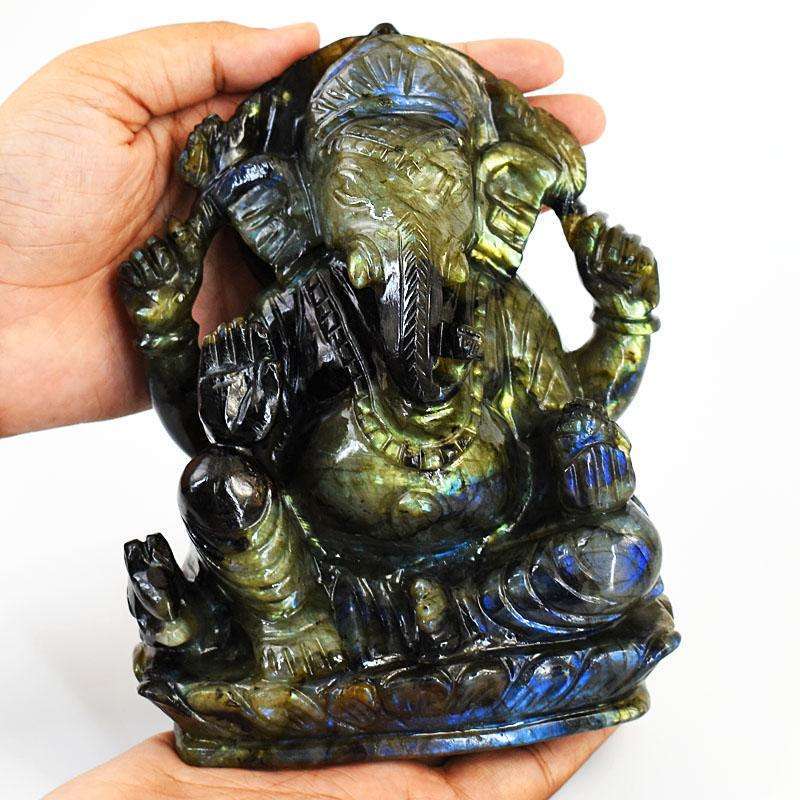 gemsmore:Stunning Labradorite Hand Carved Genuine Crystal Gemstone Carving Massive Lord Ganesha