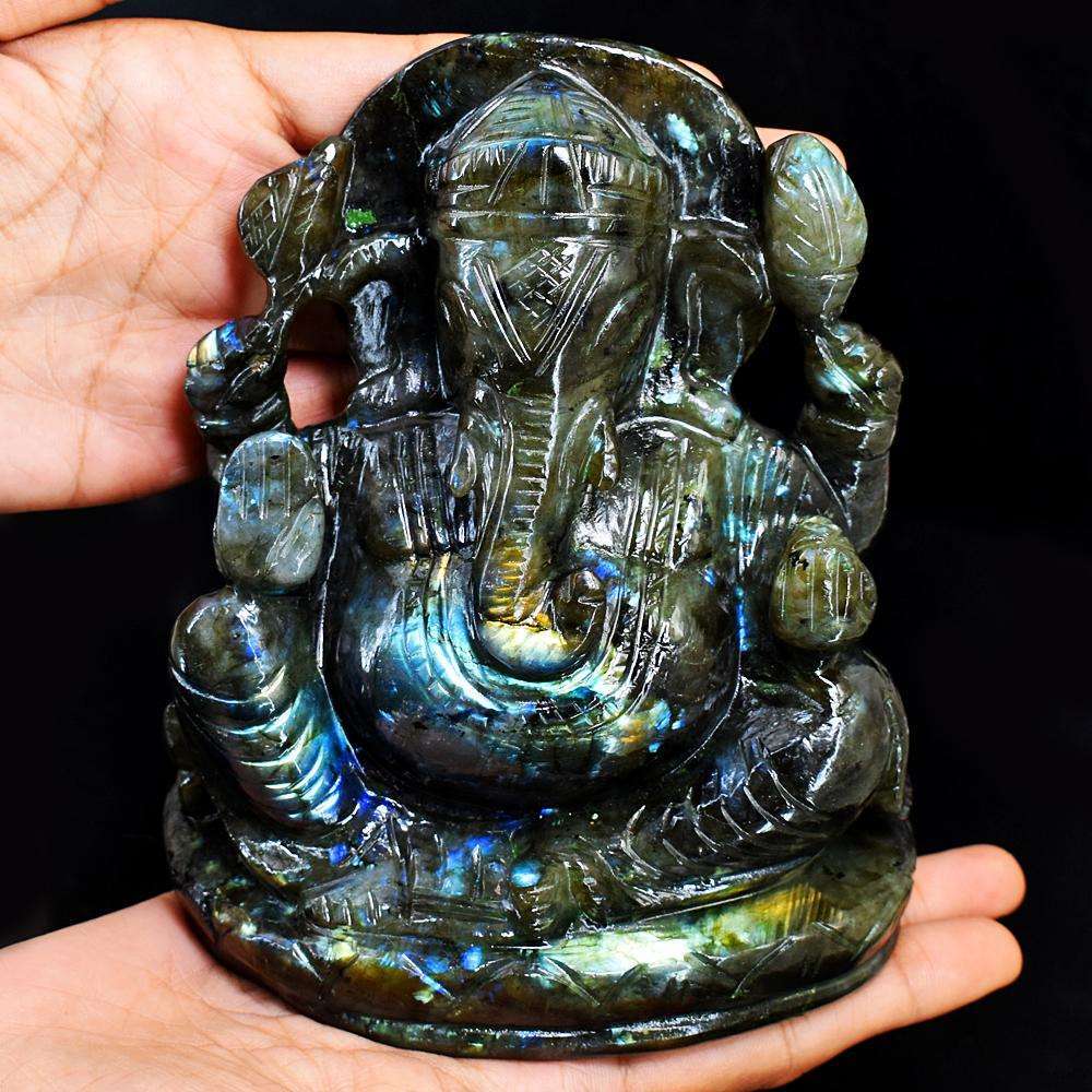 gemsmore:Stunning Labradorite Hand Carved Genuine Crystal Gemstone Carving Massive Lord Ganesha