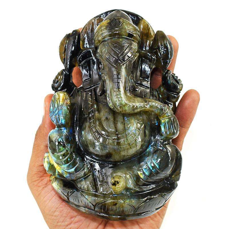 gemsmore:Stunning Labradorite Hand Carved Genuine Crystal Gemstone Carving Massive Lord Ganesha