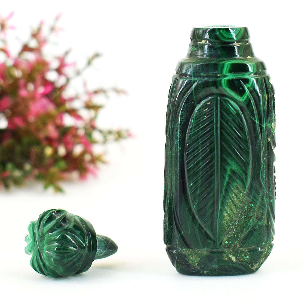gemsmore:Stunning Malachite Hand Carved Genuine Crystal Gemstone Carving Perfume Bottle