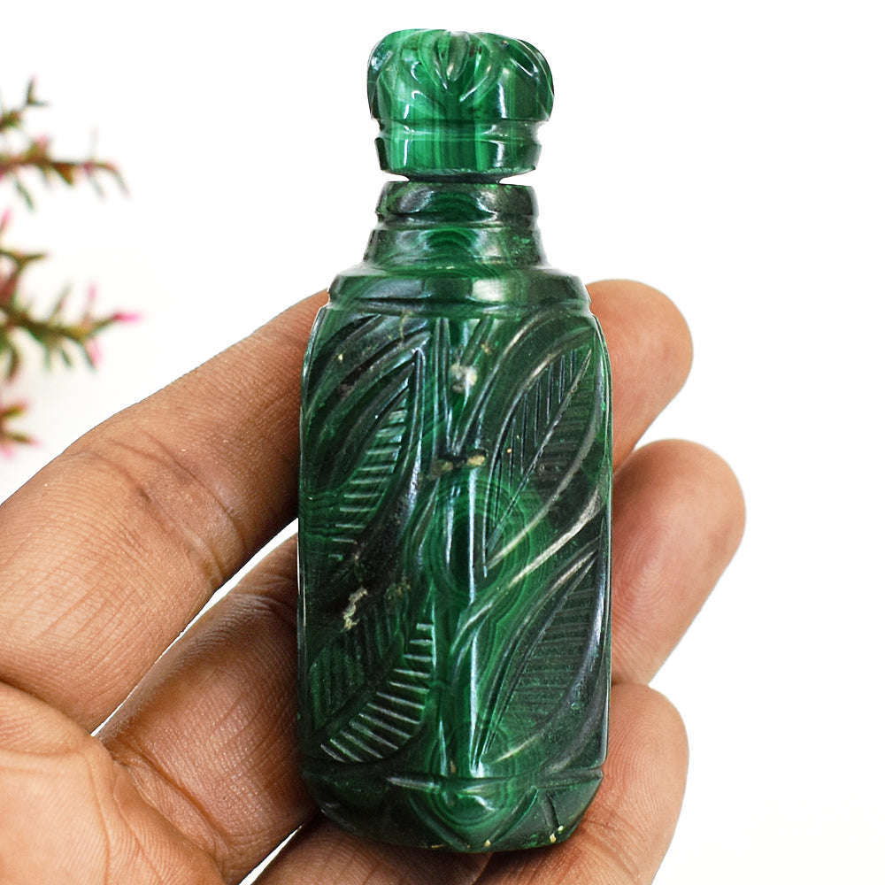 gemsmore:Stunning Malachite Hand Carved Genuine Crystal Gemstone Carving Perfume Bottle
