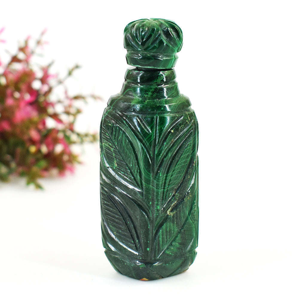 gemsmore:Stunning Malachite Hand Carved Genuine Crystal Gemstone Carving Perfume Bottle
