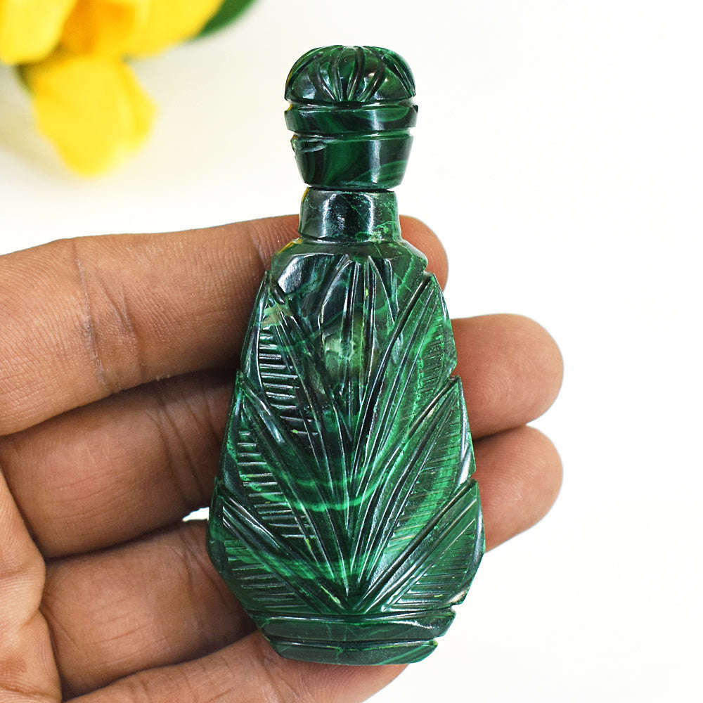 gemsmore:Stunning Malachite Hand Carved Genuine Crystal Gemstone Carving Perfume Bottle