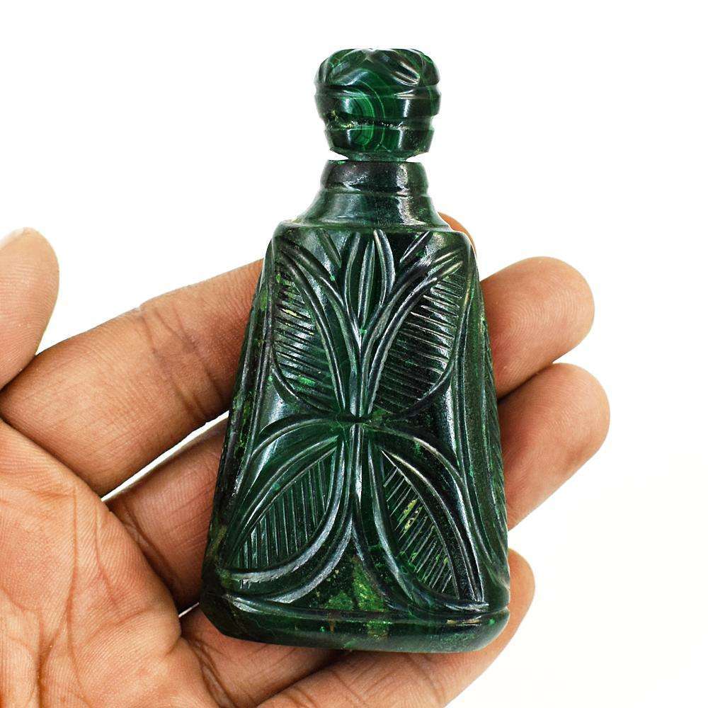 gemsmore:Stunning Malachite Hand Carved Genuine Crystal Gemstone Carving Perfume Bottle